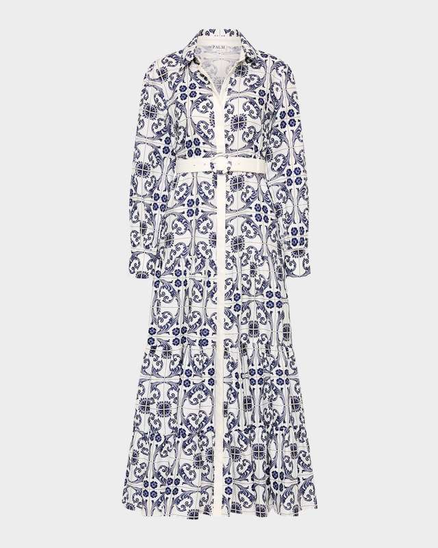 Aria Tiered Tile-Print Maxi Shirtdress